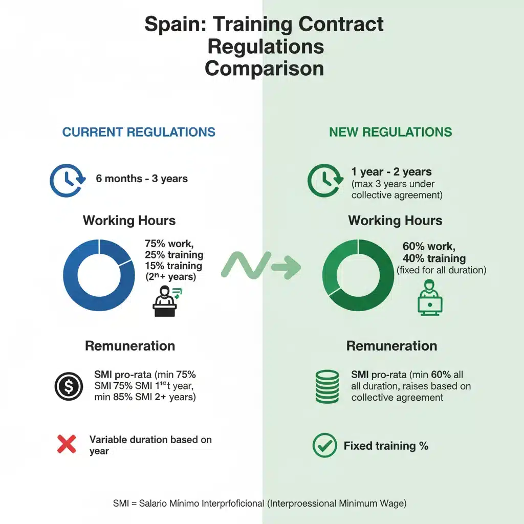 Infografía comparativa de las regulaciones del contrato de formación antes y después de 2026.