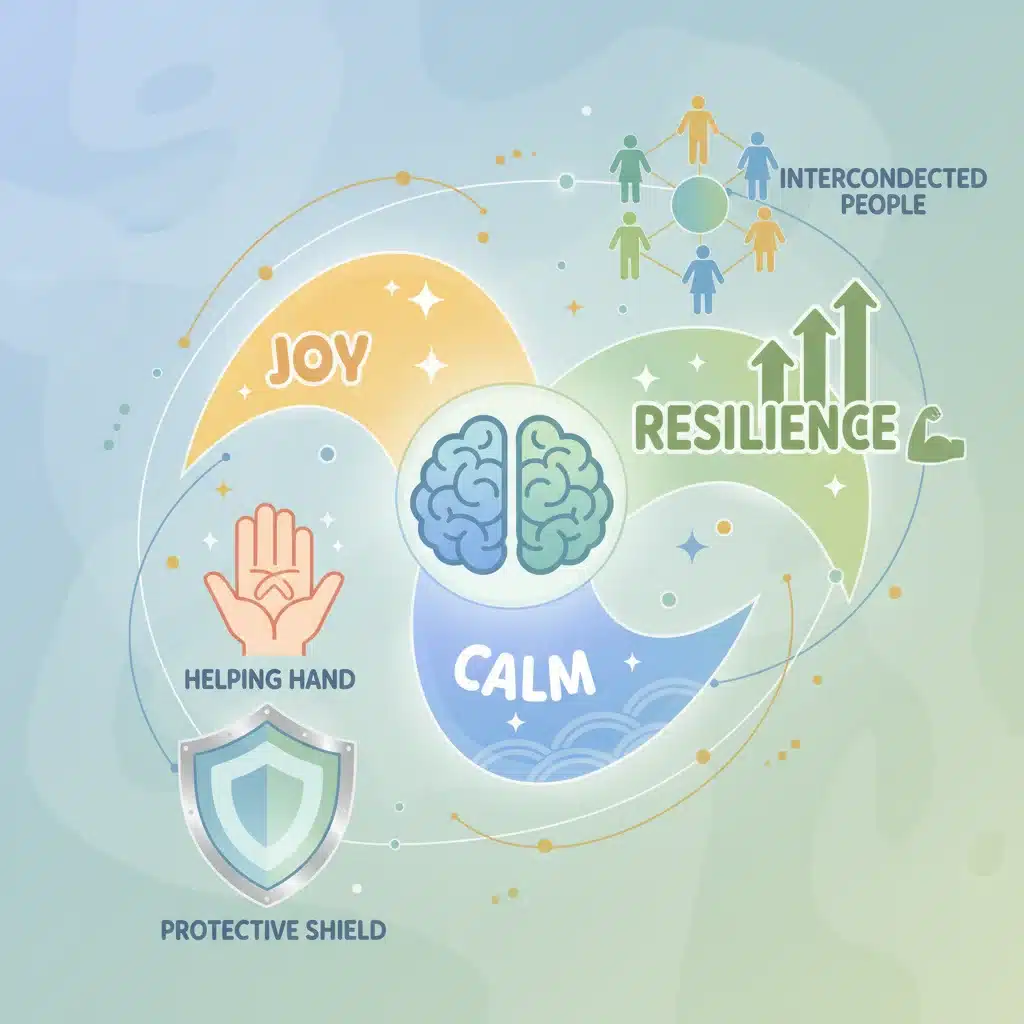 Infografía sobre salud mental y resiliencia, con símbolos de apoyo y bienestar emocional.