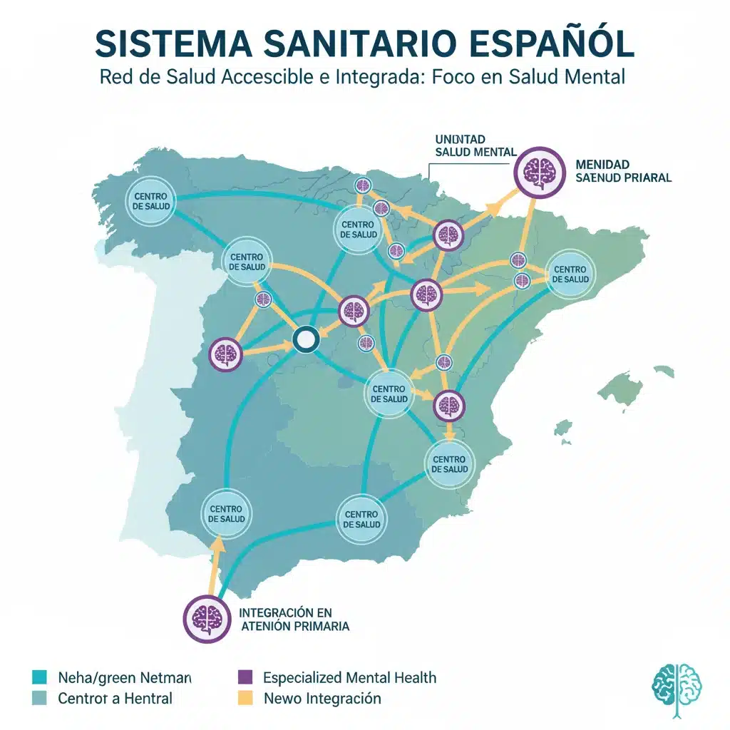 Infografía del sistema sanitario español con enfoque en la integración de la salud mental.