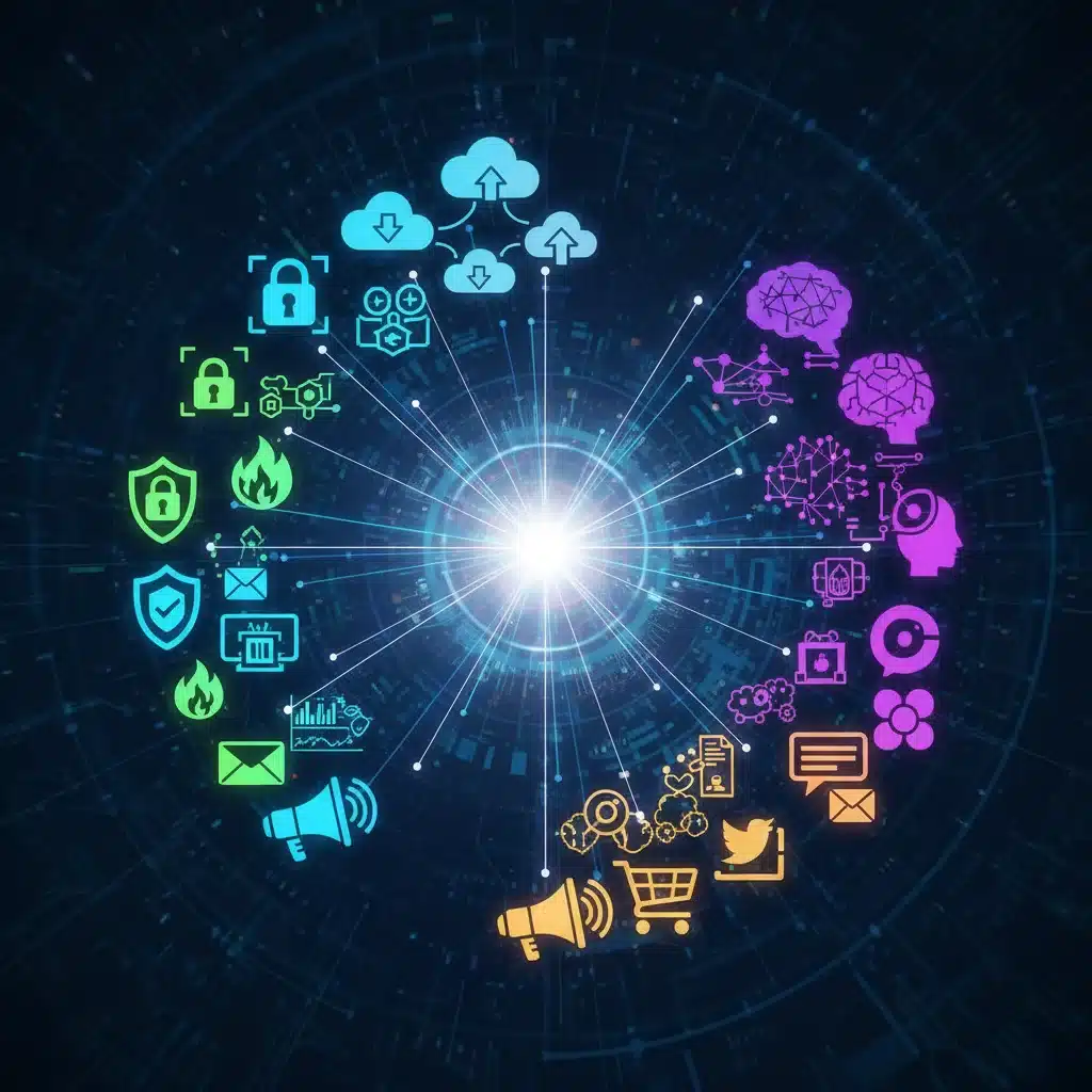 Iconos digitales interconectados que representan ciberseguridad, IA y marketing digital, simbolizando la integración de habilidades.