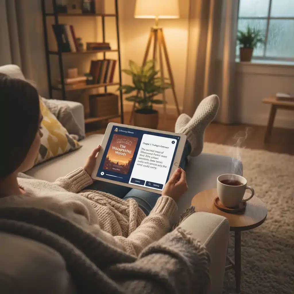 Persona utilizando un dispositivo móvil para leer un libro electrónico o escuchar un audiolibro cómodamente en casa.