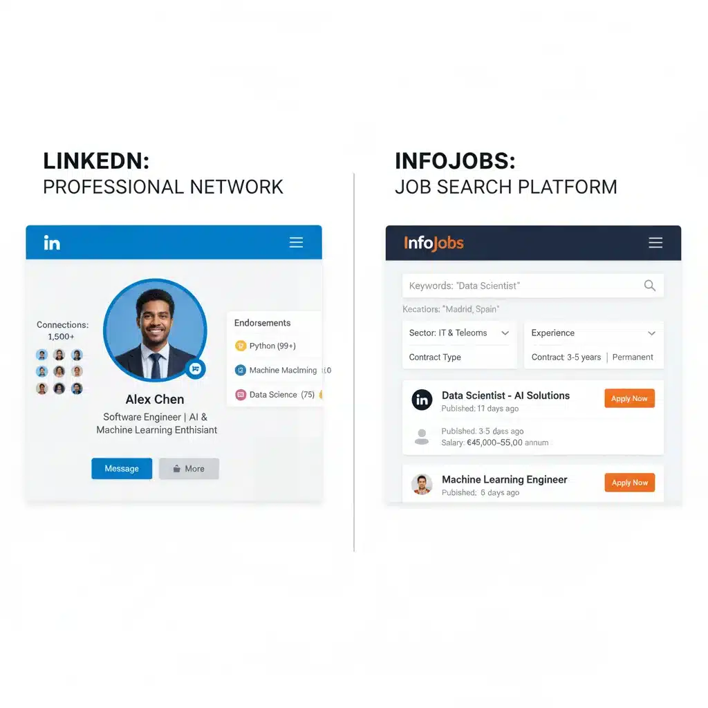 Comparativa de interfaces de usuario entre LinkedIn e InfoJobs para búsqueda de empleo