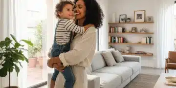 Bienestar Social 2026: Apoyo Psicológico Gratuito a Familias Monoparentales en España Madre soltera abrazando a su hijo en un hogar feliz y seguro, simbolizando el apoyo y bienestar familiar.