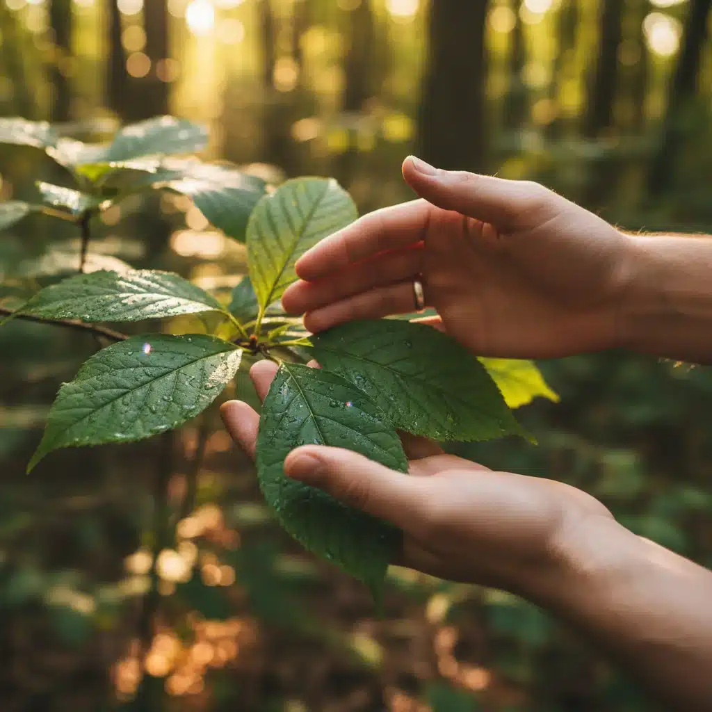 Manos tocando hojas verdes en un bosque soleado, simbolizando la conexión sensorial con la naturaleza.