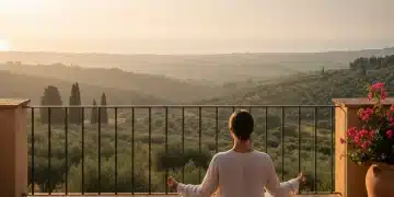 Persona meditando al amanecer en un paisaje español, simbolizando paz y bienestar diario.