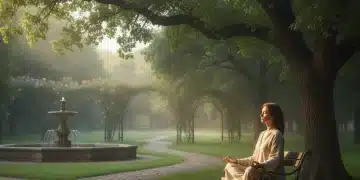 Persona meditando en un parque español, rodeada de naturaleza exuberante, simbolizando paz y bienestar.