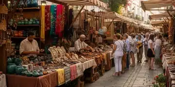 Mercado artesanal español vibrante con puestos de cerámica, textiles y joyas hechas a mano.