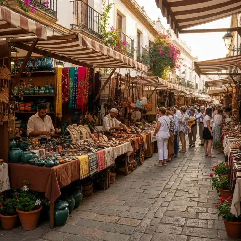 Mercado artesanal español vibrante con puestos de cerámica, textiles y joyas hechas a mano.