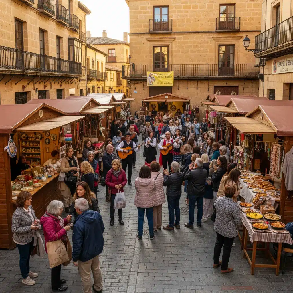 Mercado cultural vibrante en un pueblo español, con artesanos y artistas, simbolizando la economía local.