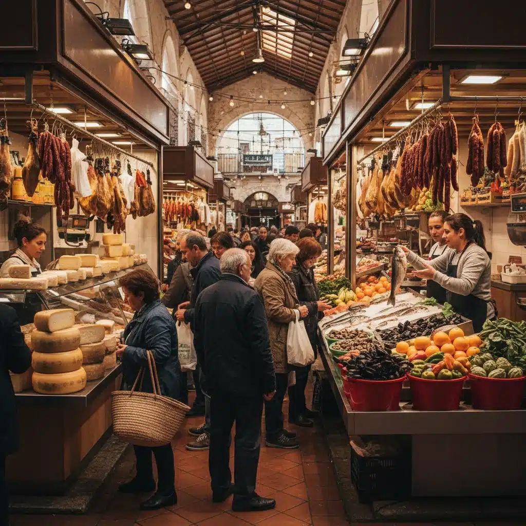 Mercado tradicional español con puestos de productos frescos, quesos, embutidos y mariscos, lleno de gente.