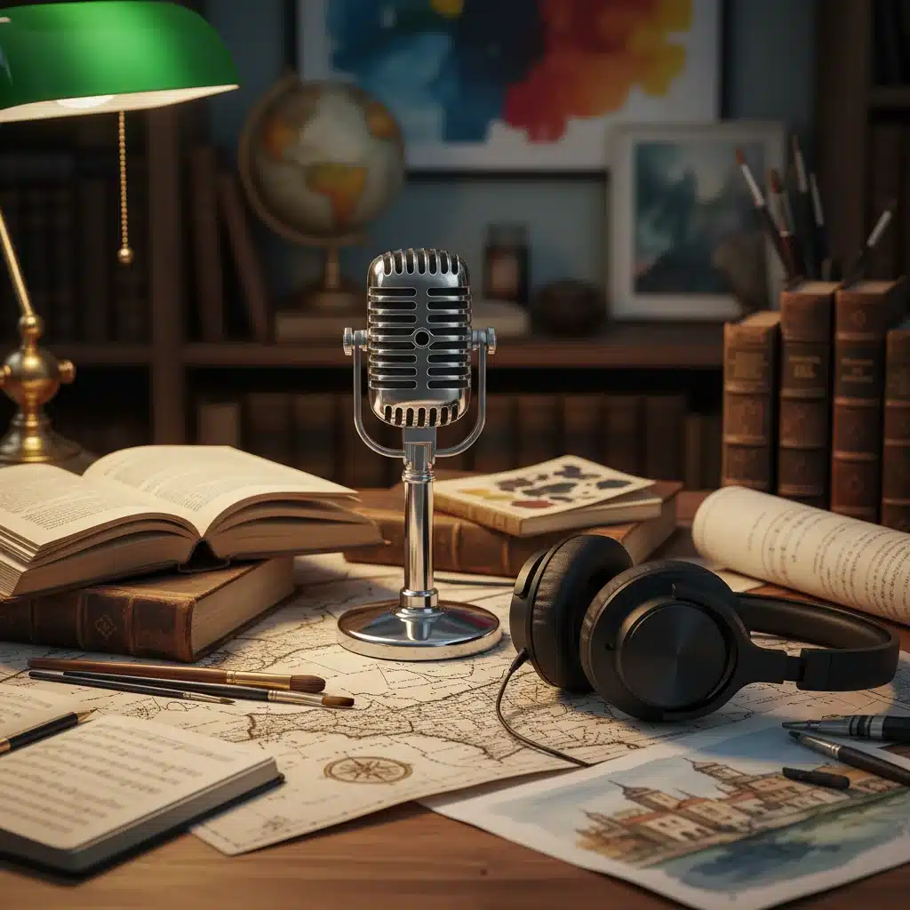 Micrófono vintage y libros, representando la creación de contenido cultural en podcast.