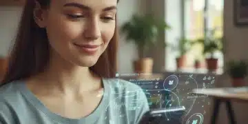 Mujer usando app móvil para la ansiedad con tranquilidad, símbolo de bienestar digital