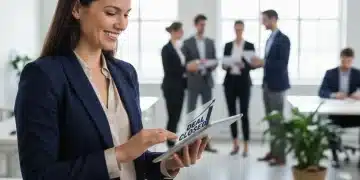 Mujer profesional negociando conciliación laboral en oficina moderna