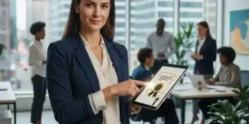 Mujer profesional sonriendo con certificado en mano, simbolizando éxito y cualificación profesional.