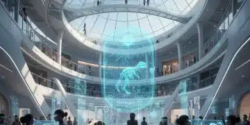 Interior futurista de museo con personas interactuando con hologramas y realidad aumentada en España