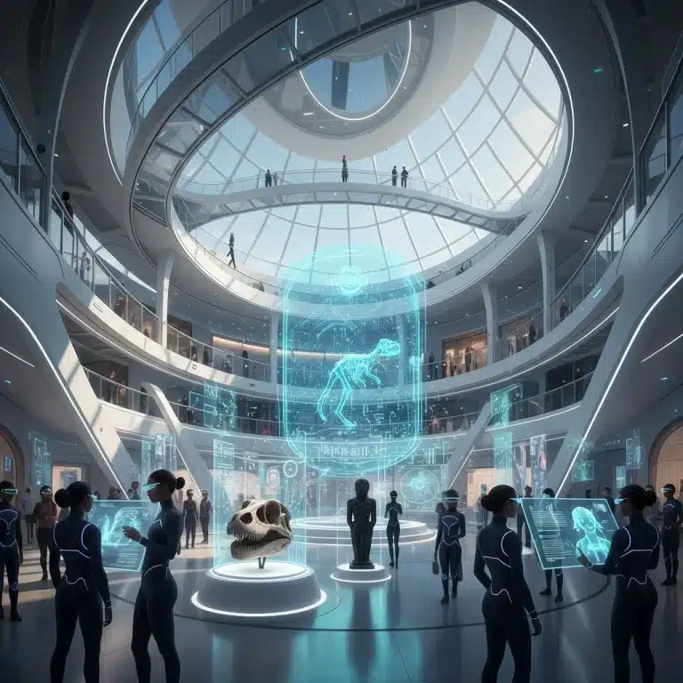 Interior futurista de museo con personas interactuando con hologramas y realidad aumentada en España