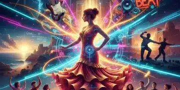 Músicos fusionando géneros españoles emergentes en un escenario vibrante, representando las tendencias de 2026.