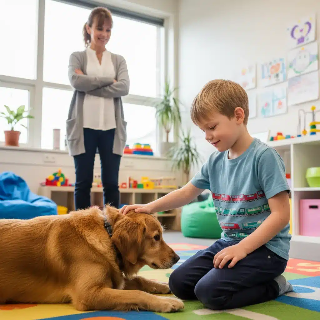 Niño con autismo interactuando con perro de terapia bajo supervisión profesional