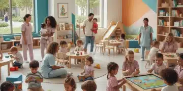 Recursos Comunitarios para el Cuidado Infantil 2026: Encuentra Opciones Cercanas y Asequibles Niños felices jugando y aprendiendo en un centro de cuidado infantil comunitario, con padres interactuando con educadores.