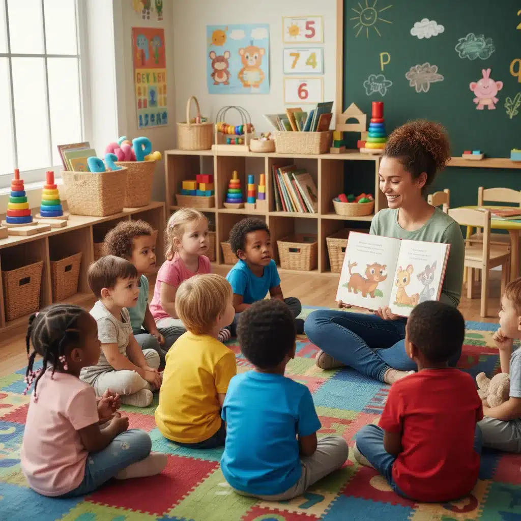 Niños pequeños escuchando atentamente a una maestra leyendo un cuento en un entorno de aprendizaje.