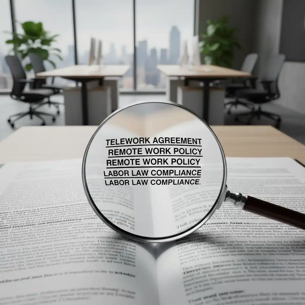 Documento legal sobre legislación de teletrabajo en España con lupa