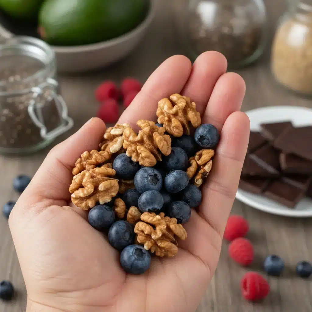 Mano sosteniendo nueces y arándanos, alimentos conocidos por mejorar la función cerebral.