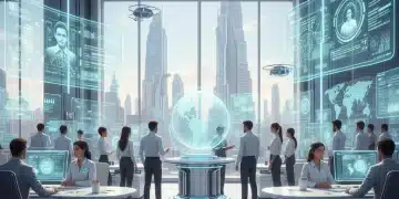 Oficina futurista de recursos humanos en España con IA analizando perfiles
