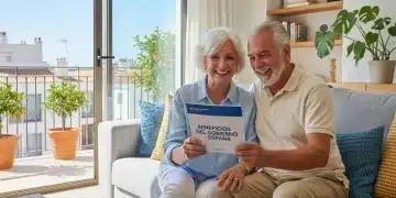 Pareja de mayores sonriente disfrutando de su bienestar en un hogar moderno en España, simbolizando la calidad de vida mejorada por las ayudas.