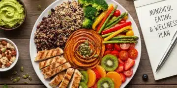 Plato colorido y equilibrado con alimentos frescos que promueven la salud mental y el bienestar.