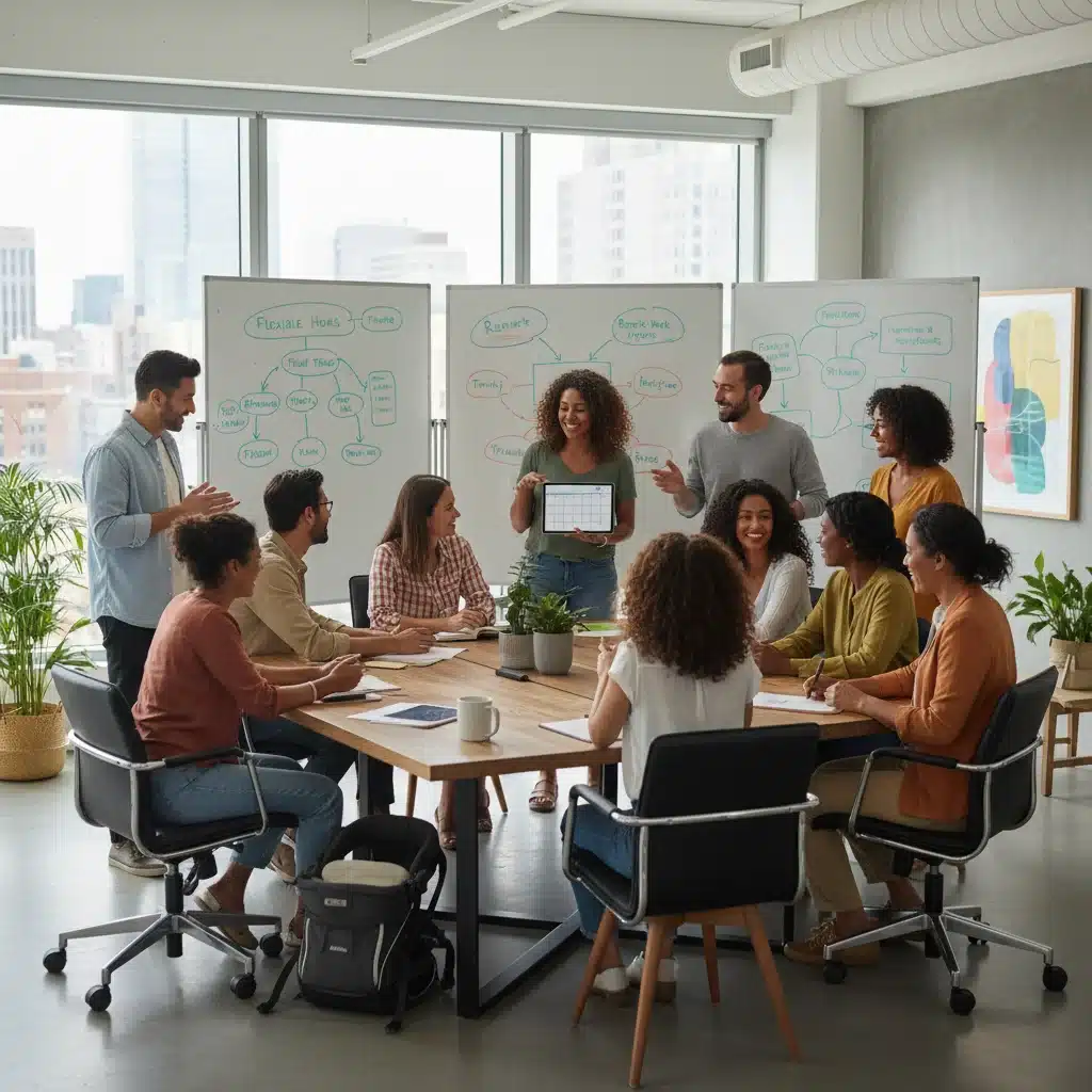 Grupo de padres en una oficina discutiendo políticas de flexibilidad laboral y conciliación familiar.