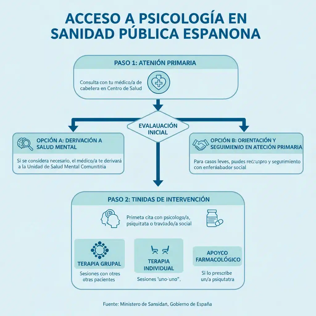 Diagrama de flujo explicando el proceso para acceder a servicios de psicología en la Seguridad Social española.