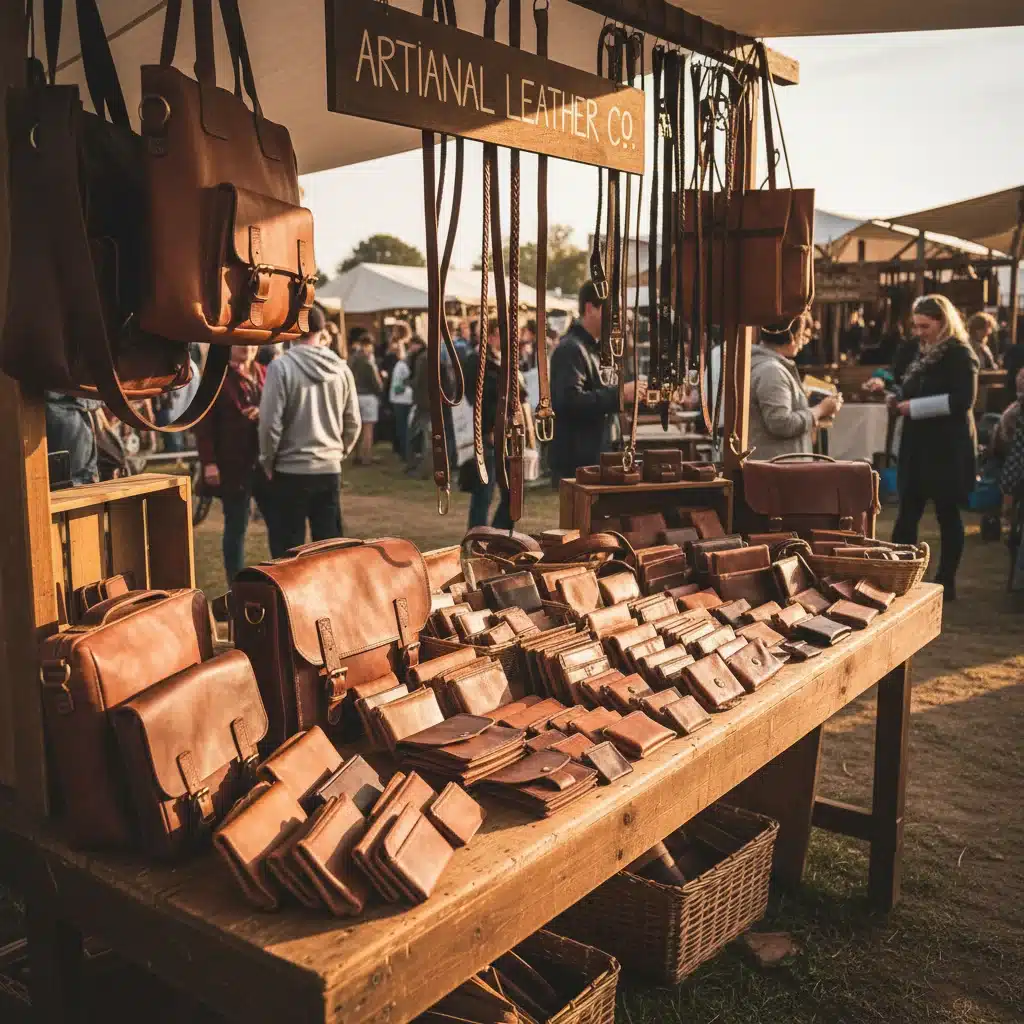 Exhibición variada de productos de cuero hechos a mano en un puesto de mercado artesanal.
