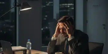 Profesional estresado en oficina, símbolo de burnout por largas jornadas laborales en España