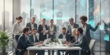 Profesionales colaborando y utilizando tecnología digital en un entorno de oficina moderno, representando el futuro laboral.