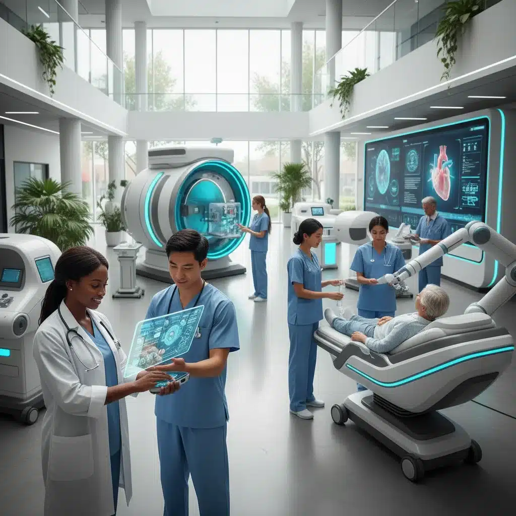 Equipo médico en un hospital moderno utilizando tecnología avanzada, representando la sanidad del futuro