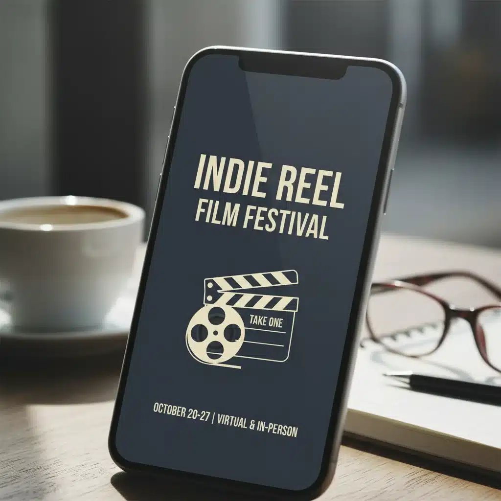 Pantalla de smartphone mostrando un cartel digital de un festival de cine independiente, enfatizando la promoción online.