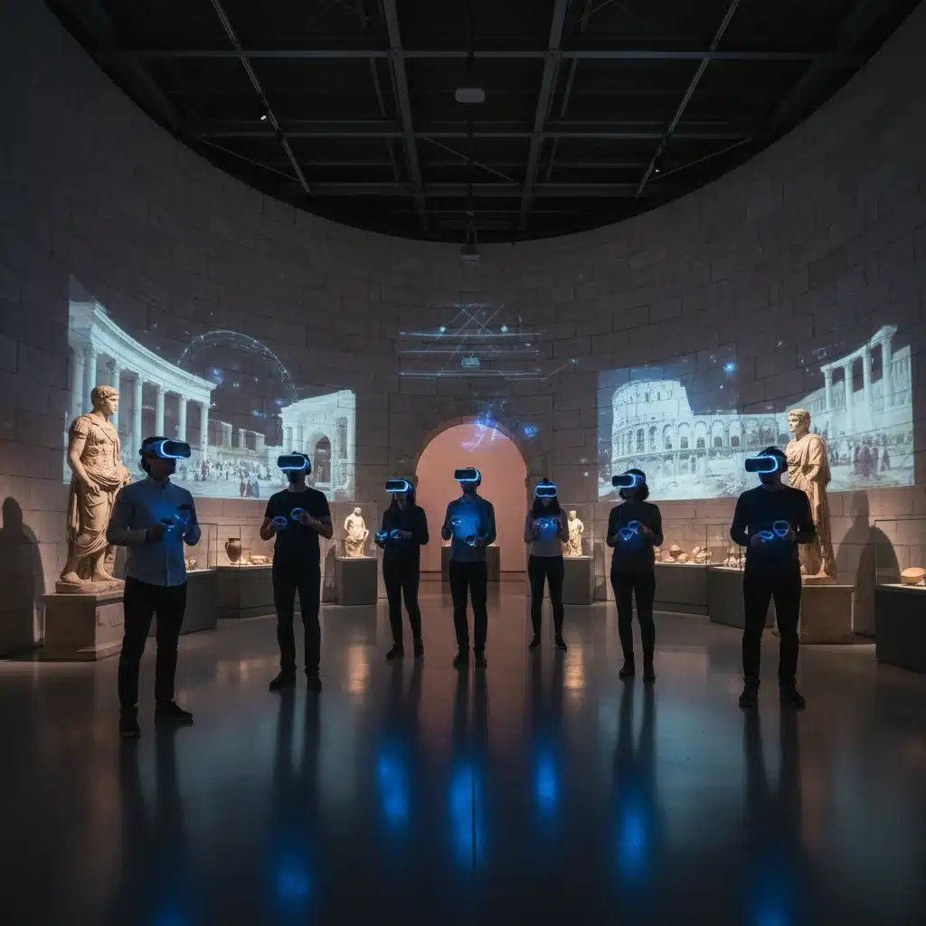 Visitantes con gafas de realidad virtual explorando una ciudad romana antigua en un museo español