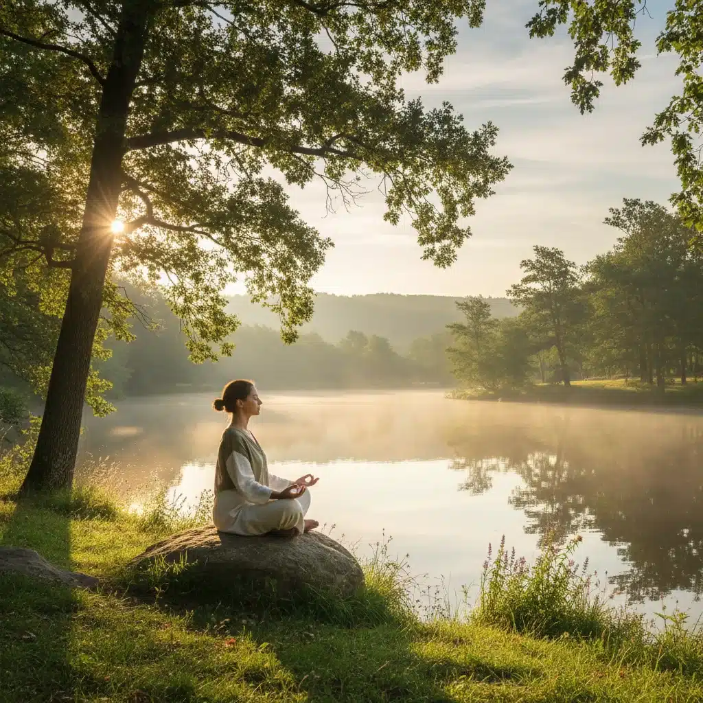 Persona meditando tranquilamente en un entorno natural, representando la recuperación y el autocuidado para la salud mental.