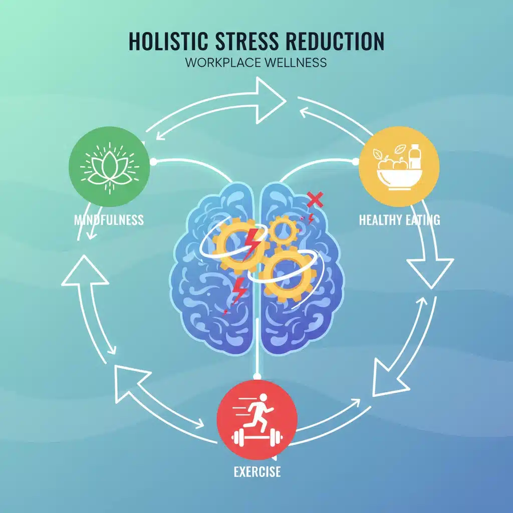 Infografía sobre la reducción del estrés laboral con enfoques holísticos como mindfulness y ejercicio.