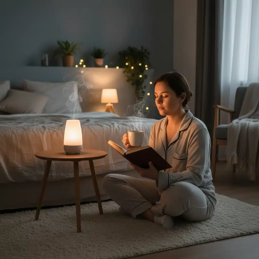 Mujer leyendo un libro tranquilamente antes de dormir, con luz tenue, promoviendo la relajación.