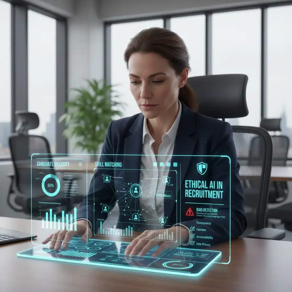 Profesional de RRHH analizando panel de control con datos de IA sobre diversidad y sesgos