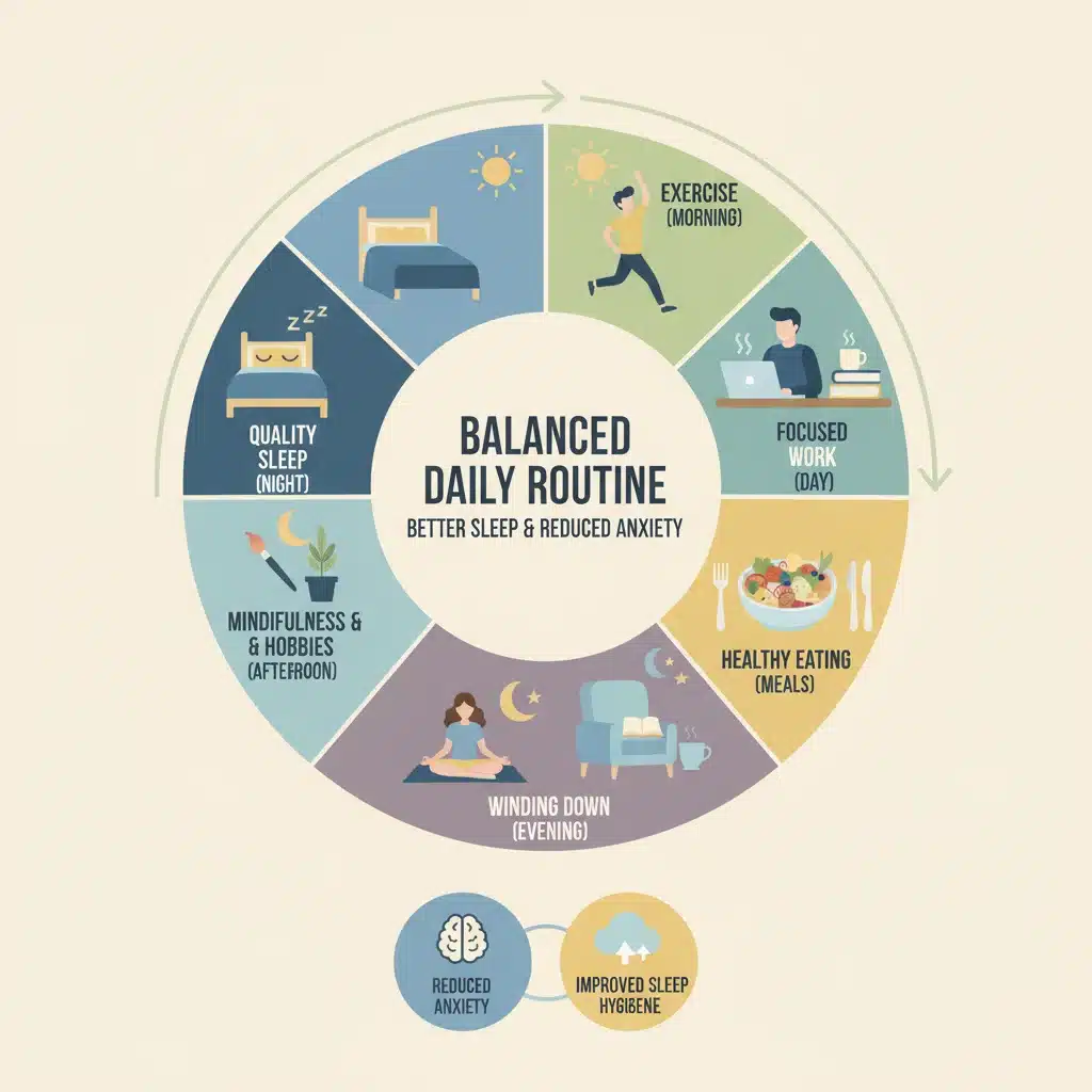 Diagrama visual de una rutina diaria equilibrada que incluye ejercicio, trabajo y relajación para mejorar el sueño y reducir la ansiedad.