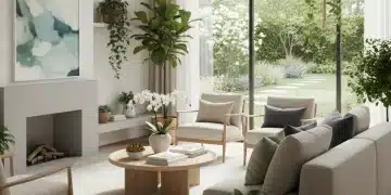 Salón moderno y sereno con luz natural y plantas, fomentando el bienestar en el hogar.
