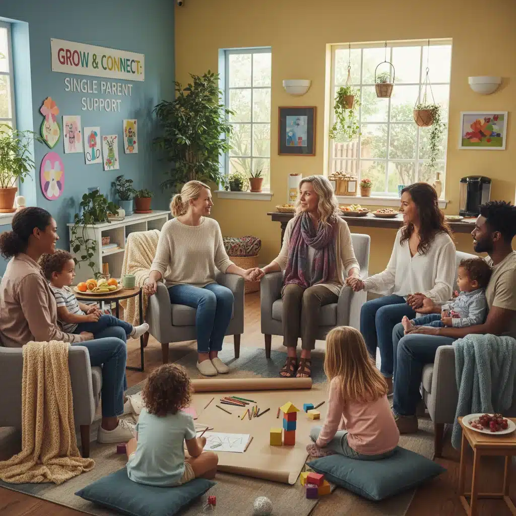 Grupo de padres solteros y niños en una sesión de terapia de apoyo, fomentando la comunidad y la ayuda mutua.