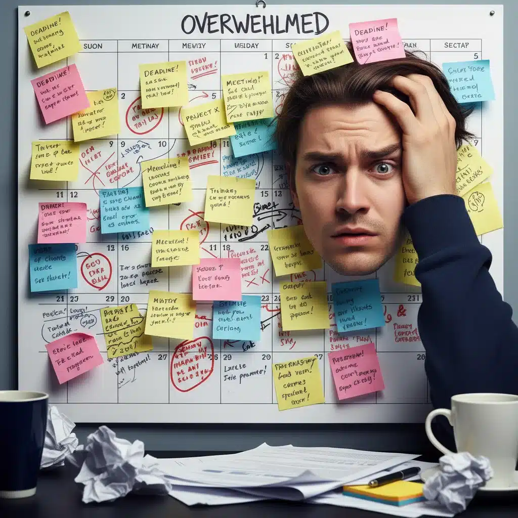 Persona abrumada mirando un calendario con demasiadas tareas, simbolizando la sobrecarga y el estrés crónico.