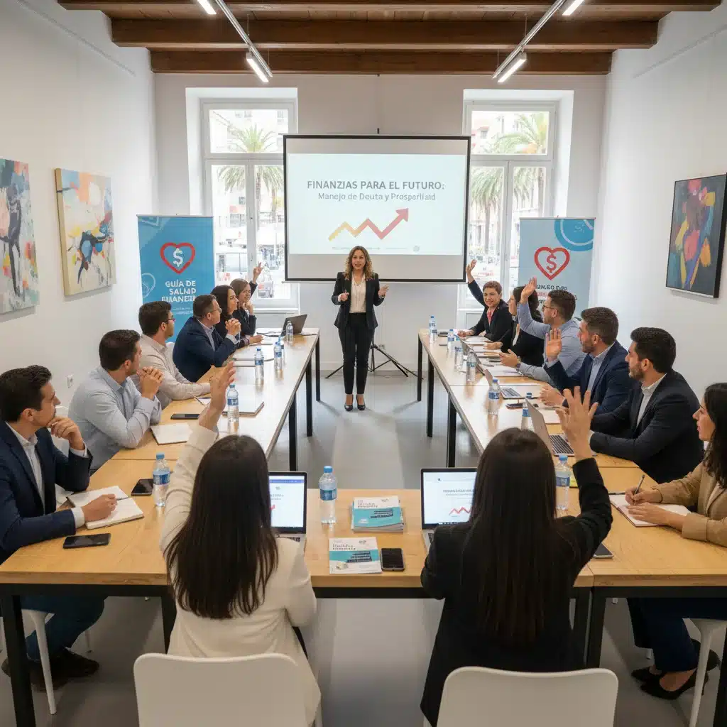 Grupo de personas en un taller de educación financiera en España, buscando apoyo y conocimiento.