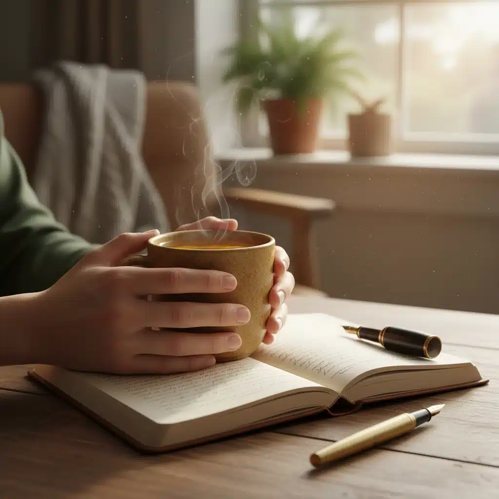 Manos sosteniendo una taza de té de hierbas junto a un diario, un momento de calma y reflexión.