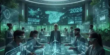 Profesionales diversos colaborando en un entorno tecnológico futurista, representando las tendencias laborales de 2026 en España.