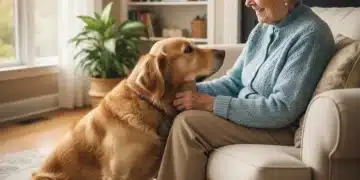 Mujer mayor sonriendo acariciando a un golden retriever en sesión de terapia asistida con animales