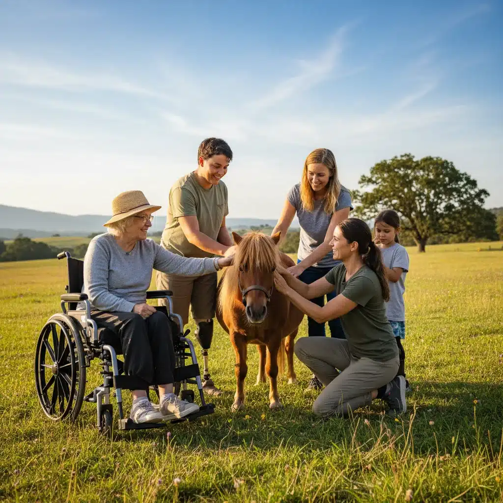 Grupo de personas interactuando con caballo miniatura en terapia asistida al aire libre